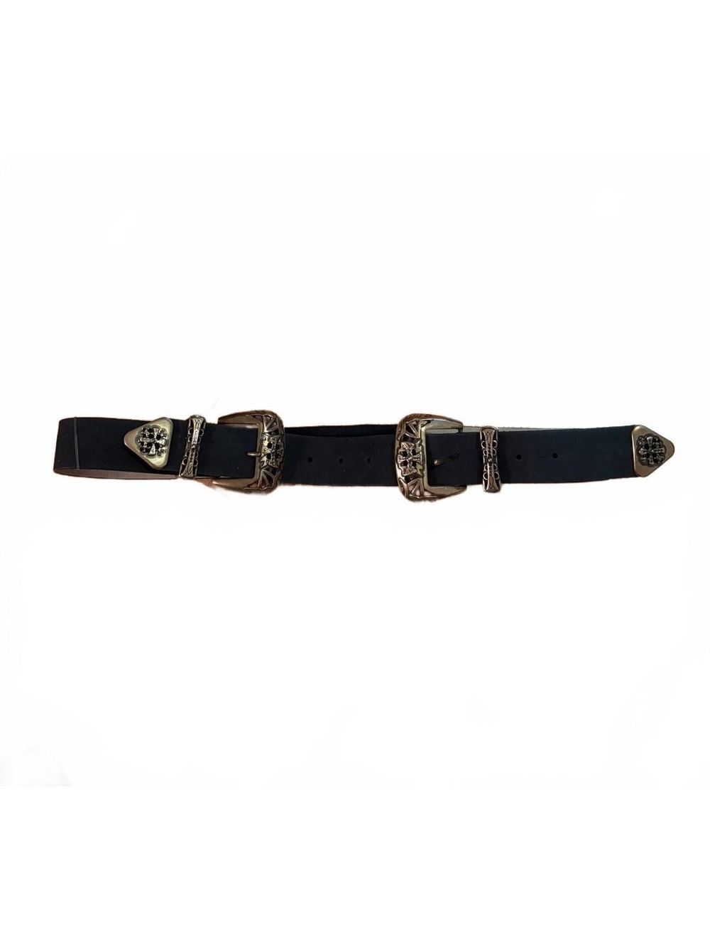 Black Leather Western Double Buckle Belt with Silver-Toned Hardware